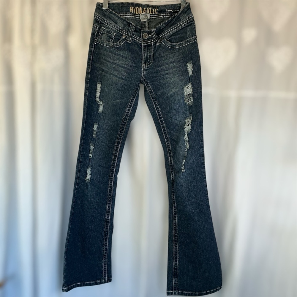 Vintage Bootcut Hydraulic Women's Dark Blue Distressed Jeans Size 3/4